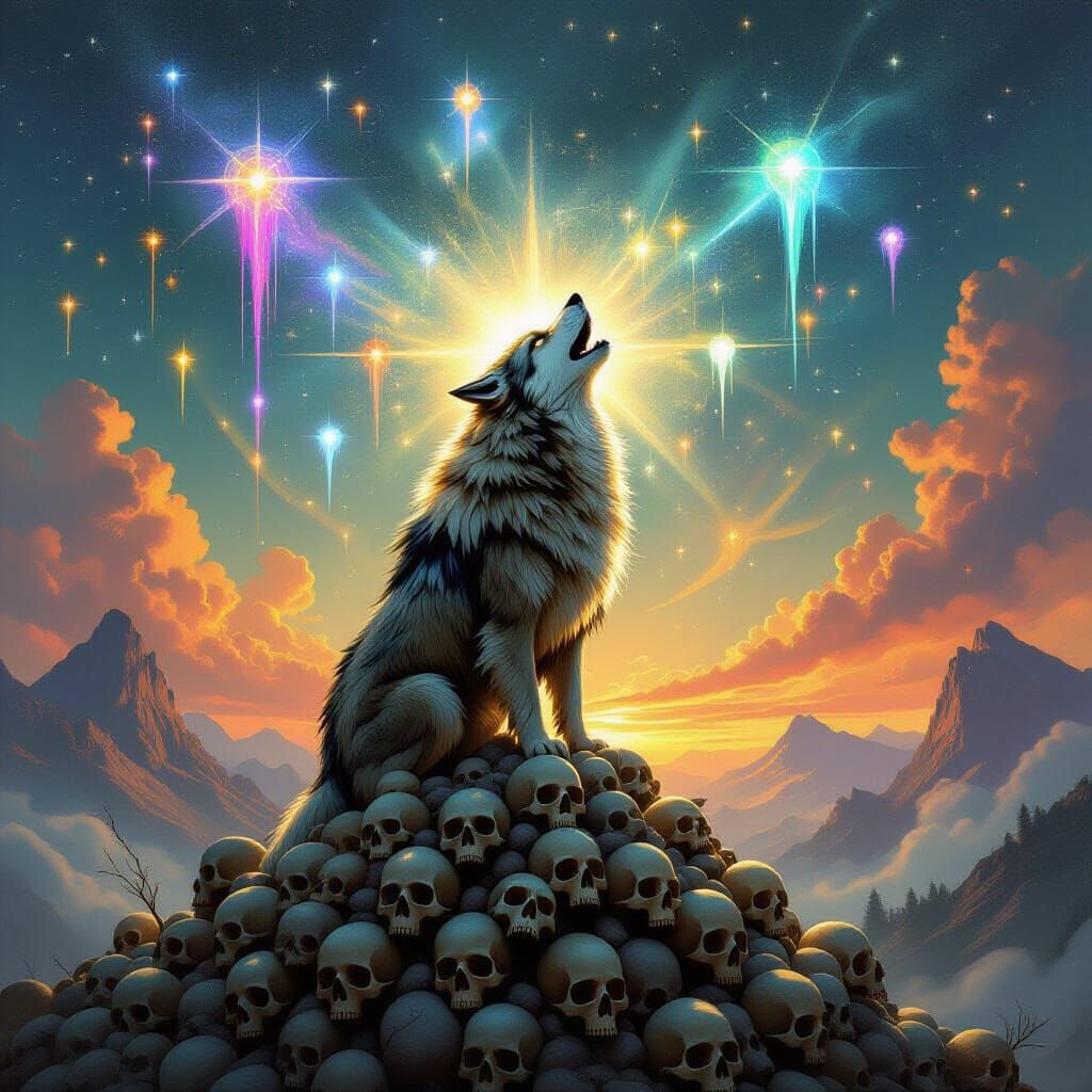 Lone Wolf Howling at Cosmic Sky, Baroque Gothic Art