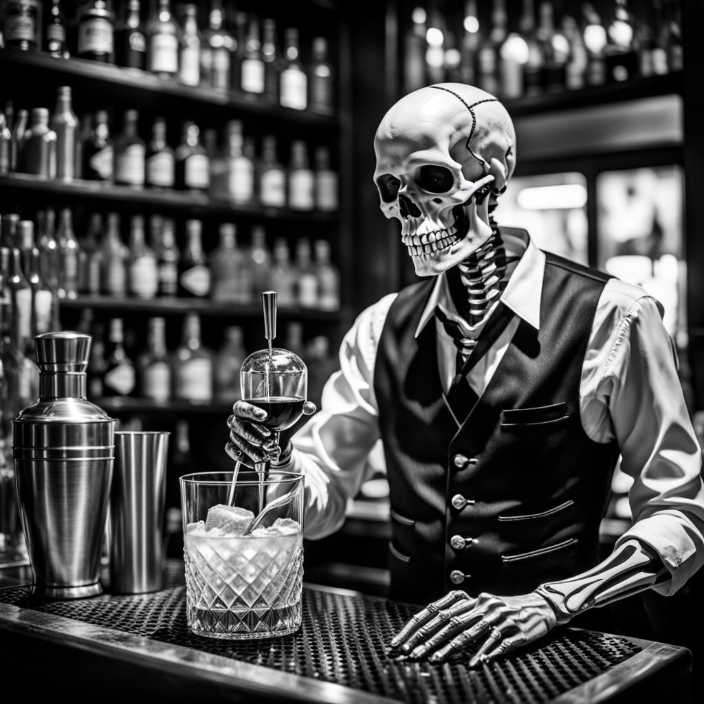 Hyperrealistic Skeleton Bartender Mixing Cocktail