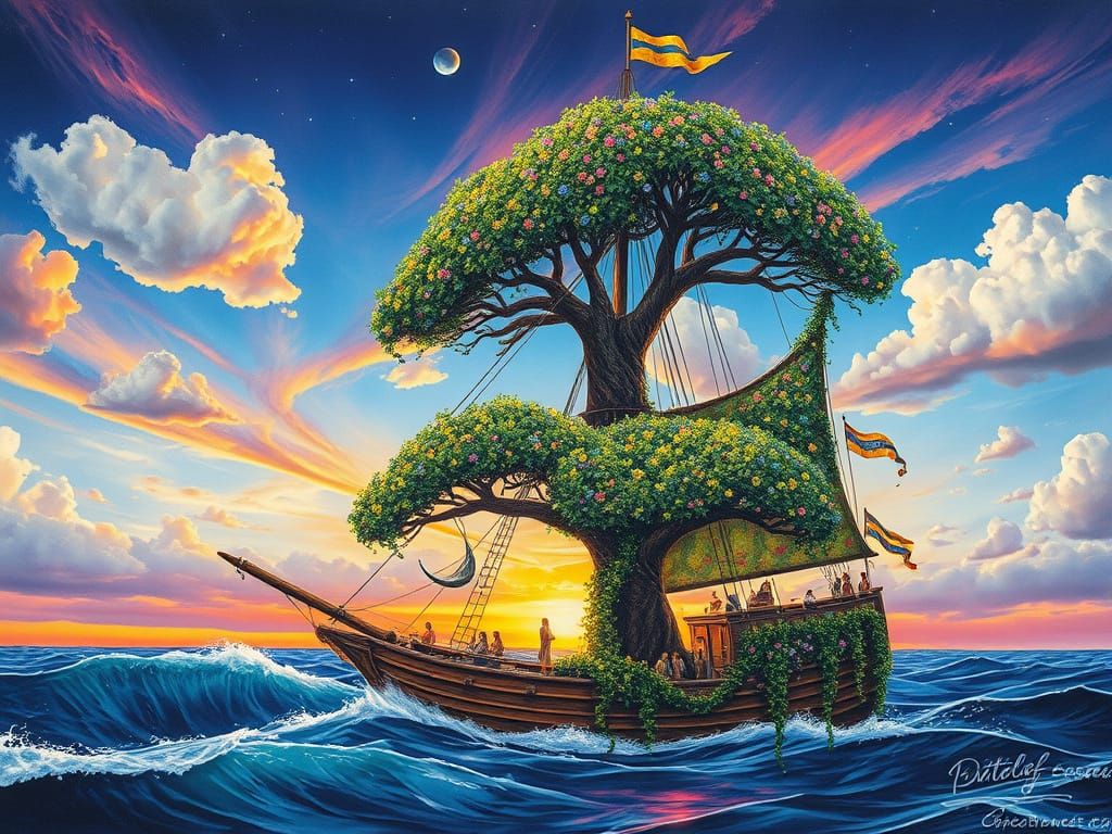 Surreal Fantasycore Schooner Sails Through Vibrant Cosmic Cl...