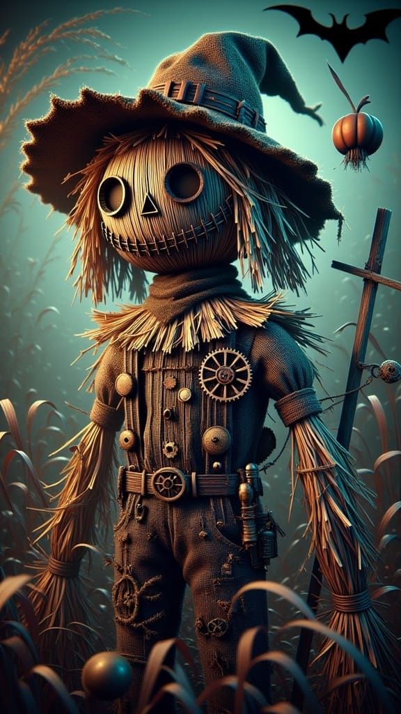 Steampunk Scarecrow in Haunted Field: Horror Movie Scene