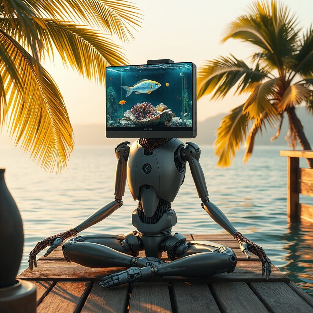 Robot with Aquarium Screen Head on Tropical Dock
