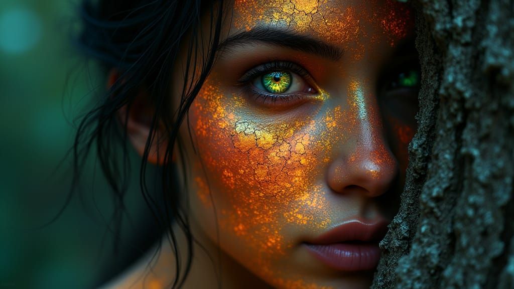 Ethereal Woman Behind Tree Trunk in Vibrant Stained Glass Te...