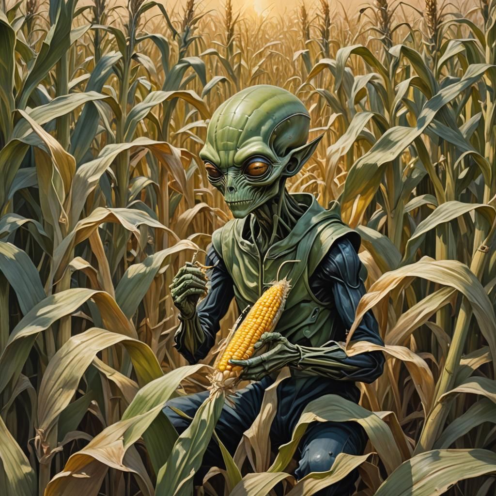 Dystopian Alien Eats Corn in Surreal Oil Painting