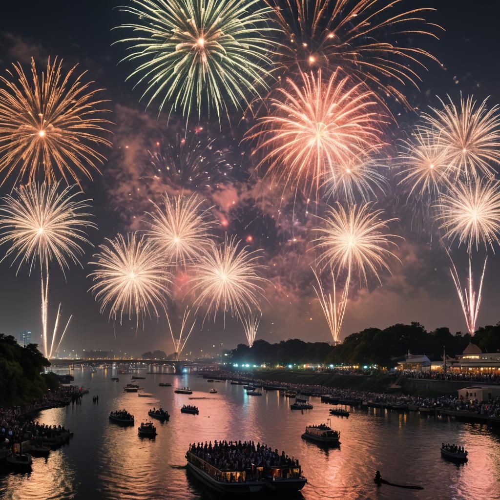Independence Day Fireworks Over River Scene