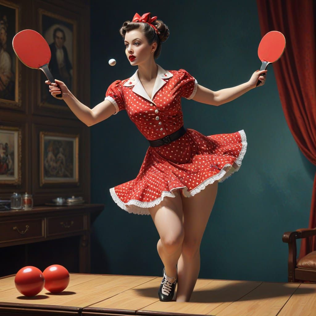 Playful Pin-Up Queen Dominates Ping Pong in Retro-Futuristic...