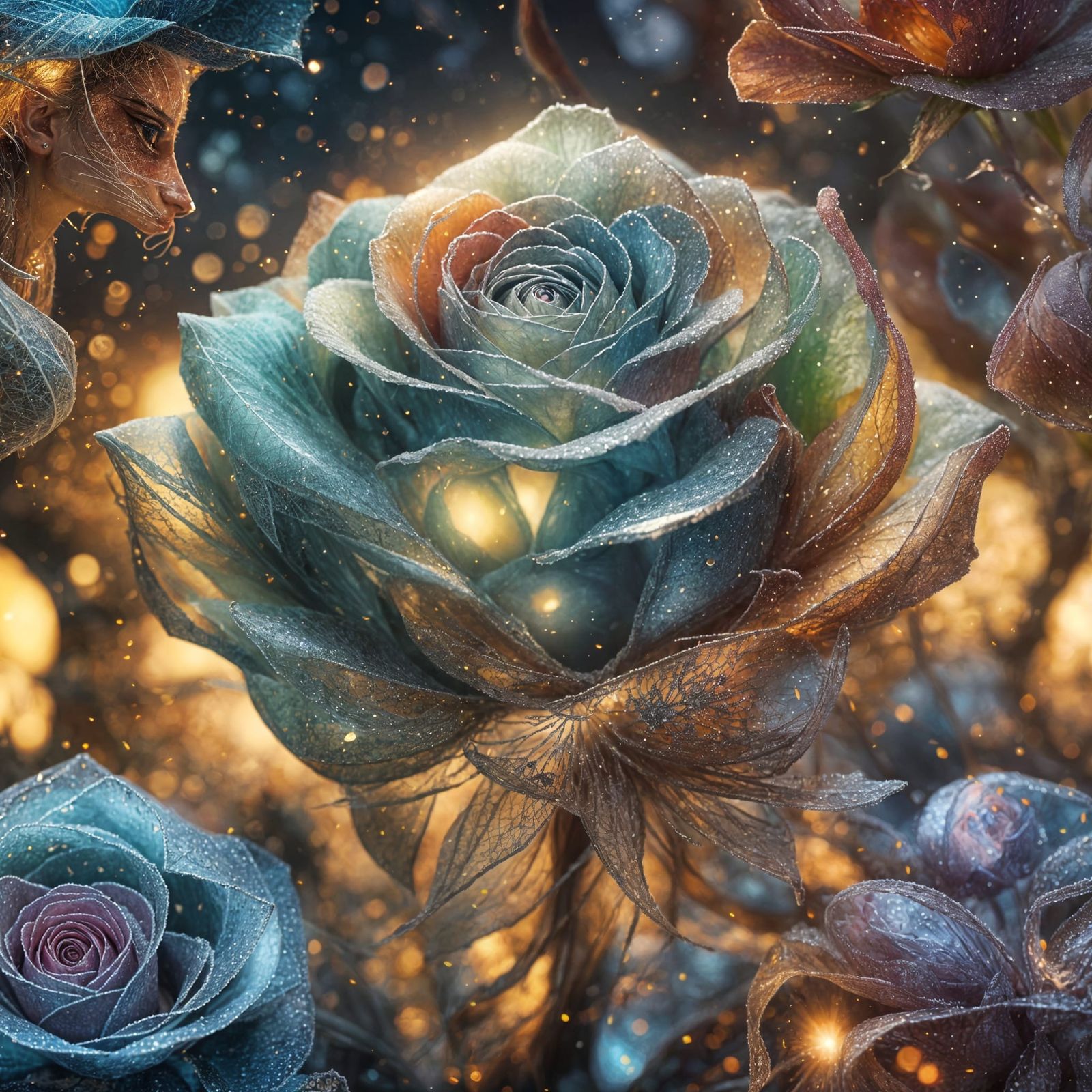 Crimson Roses Encased in Frost, Shimmering Like Glass