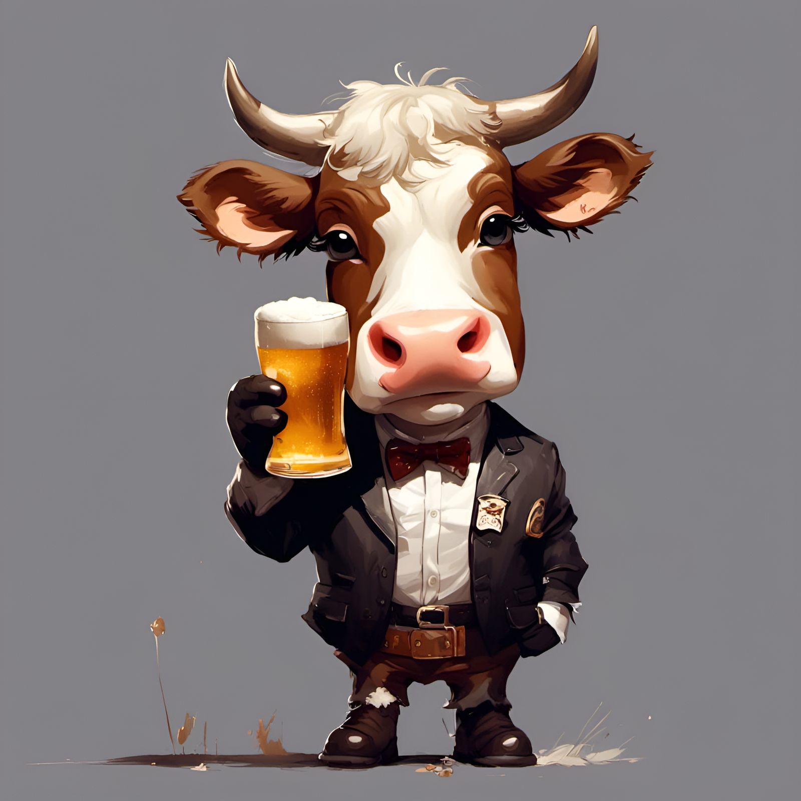 Anthropomorphic Cow Cheers with Beer, Detailed Digital Art