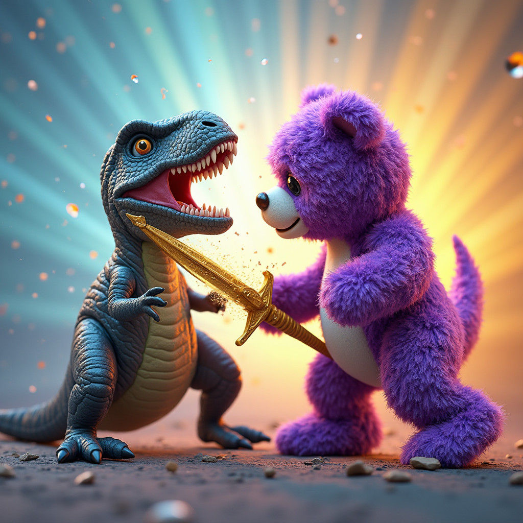 Teddy Bear Duel with T-Rex in Hyper-Realistic 3D