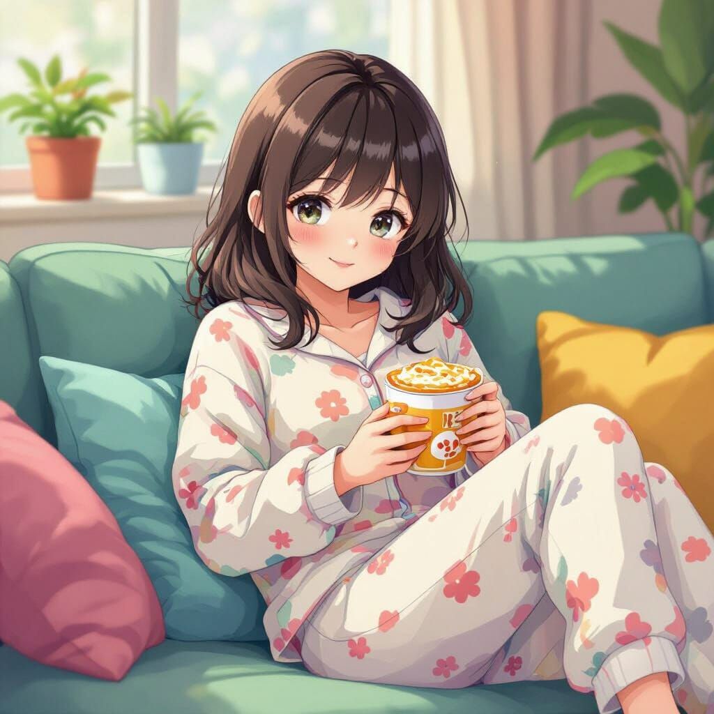 Cute Anime Girl Lounging in Pastel Colors