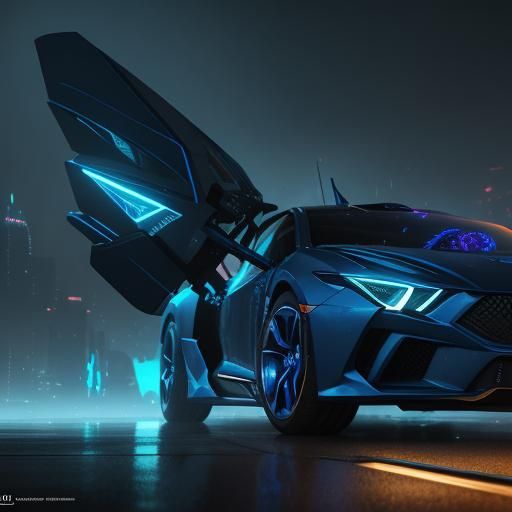 High-Tech Car in Dystopian Neon Cityscape