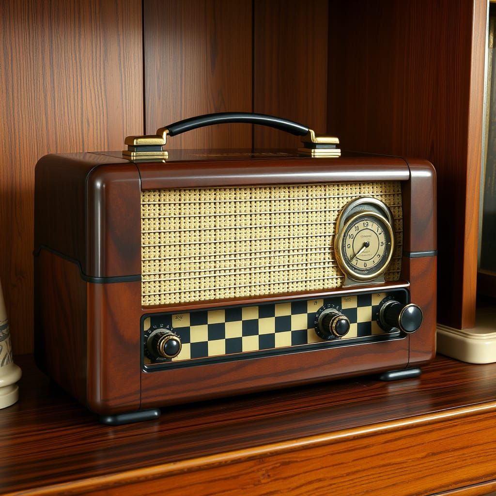 Retro Art Deco Bakelite Radio wooden desk checkered 1950's hyperdetailed