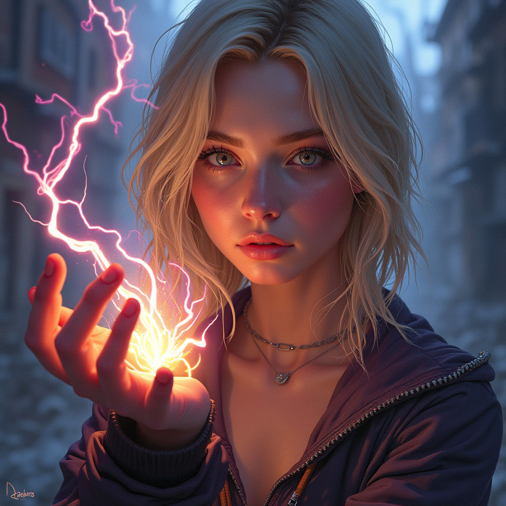 Electrifying Portrait of a Woman with Lightning Hands