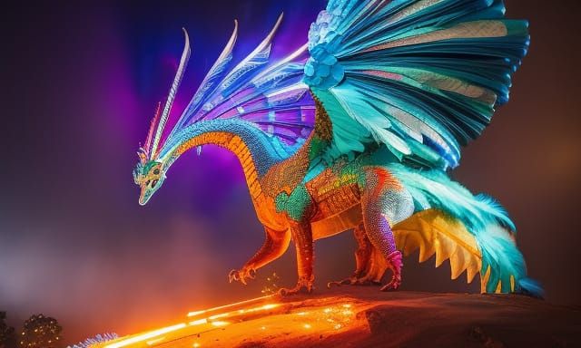 Dragon with Peacock Feathers in Cyberpunk Style