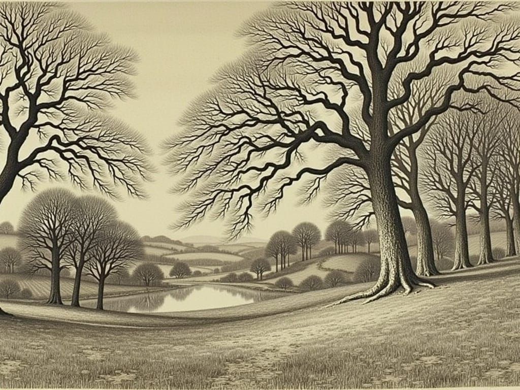 Picturesque Lakeside Landscape in Golden Age Illustration St...