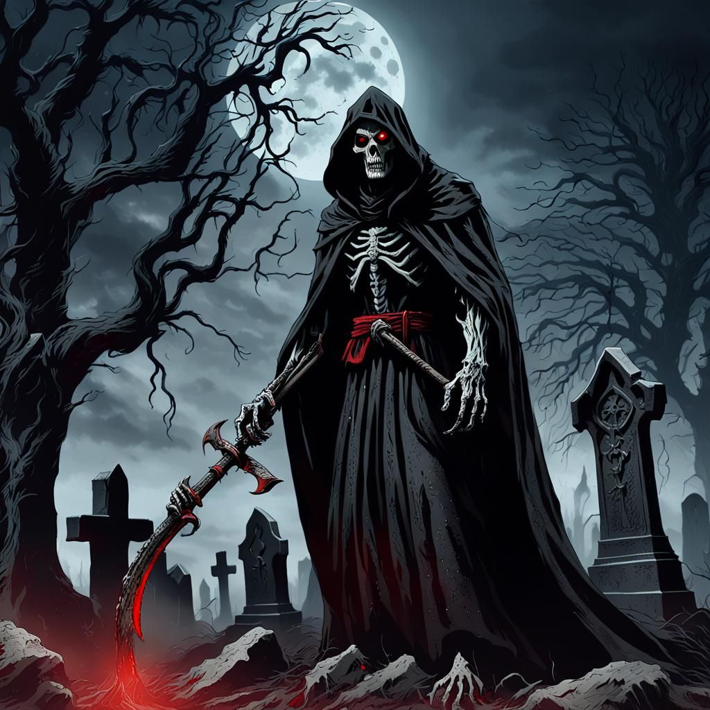 Grim Reaper in Haunted Graveyard, Dark Fantasy Art