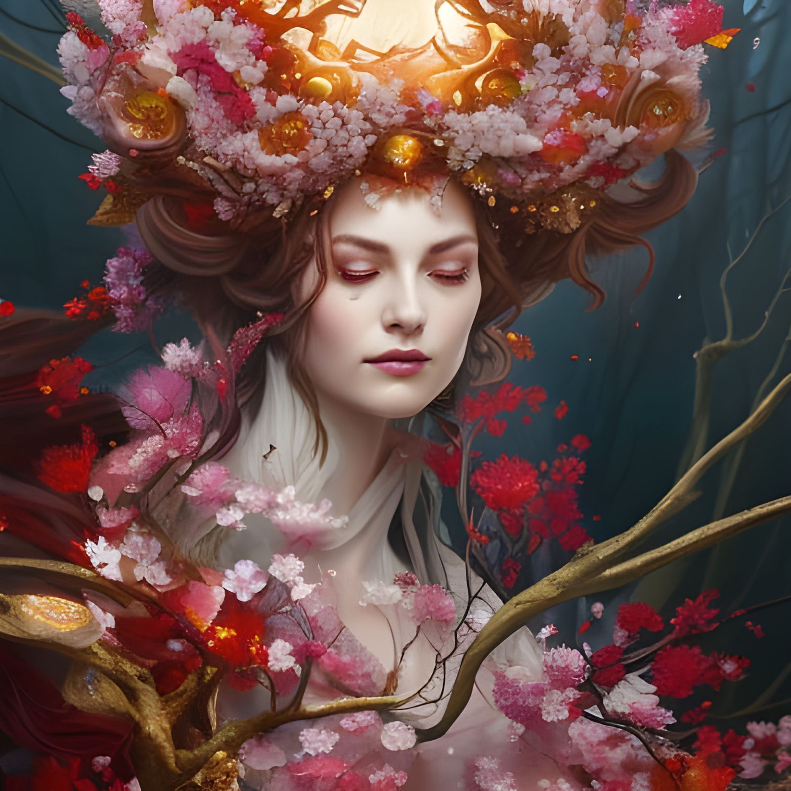 Woman in Cherry Blossom Dress: Surreal Gouache Illustration