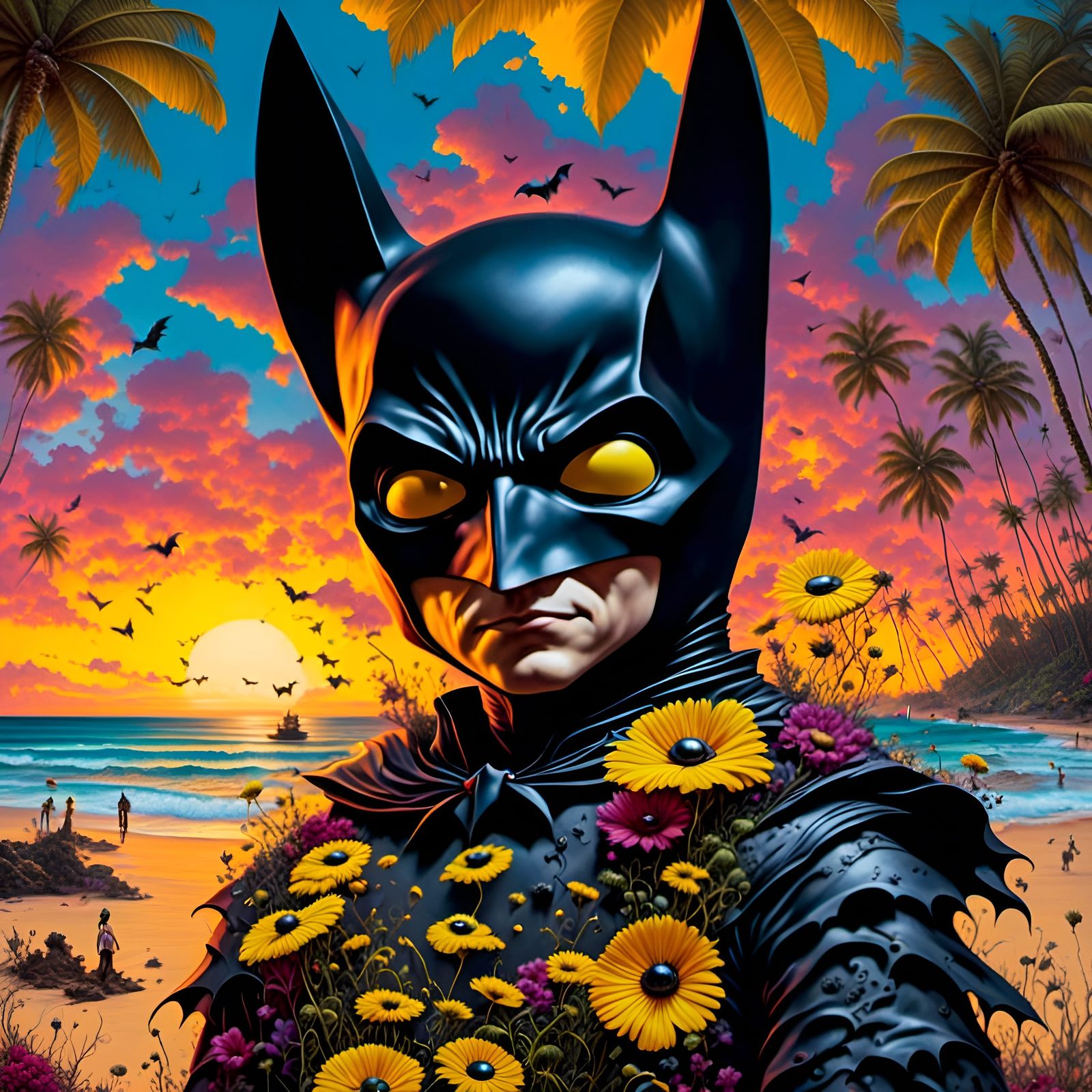 Batman in Aloha Shirt: Photorealistic Oil Painting