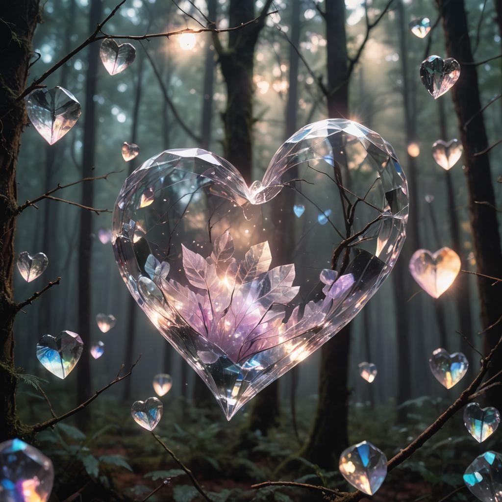 Heart-Shaped Crystal in Mystical Forest: Fantasy Artwork