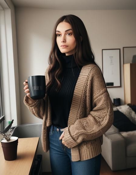 Girl Drinking Coffee in Sepia Ink Art