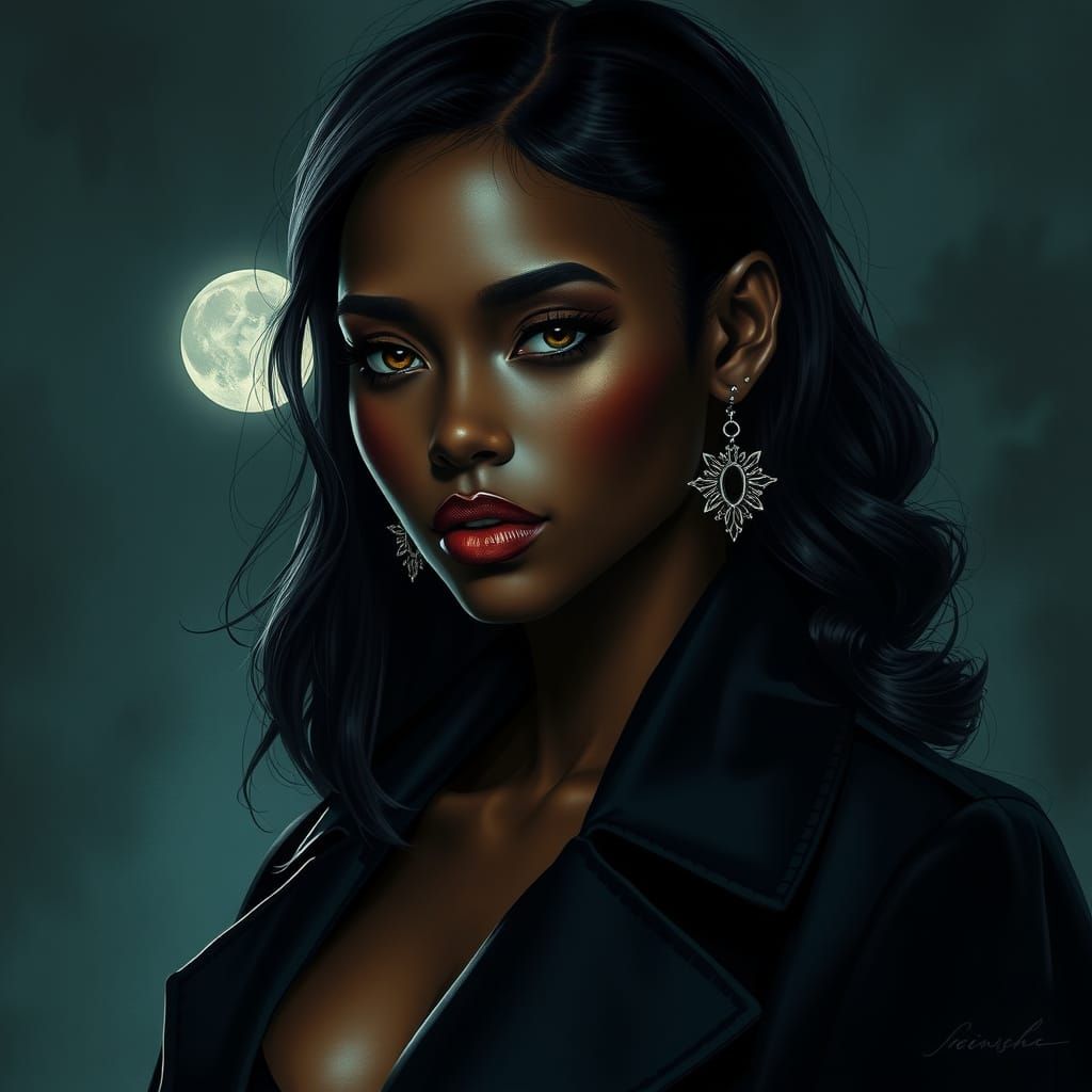 Mysterious Caribbean Noir Goddess in Moonlit Shadows