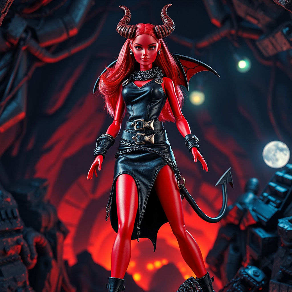 Cyberpunk Devil Barbie in Dystopian Underworld