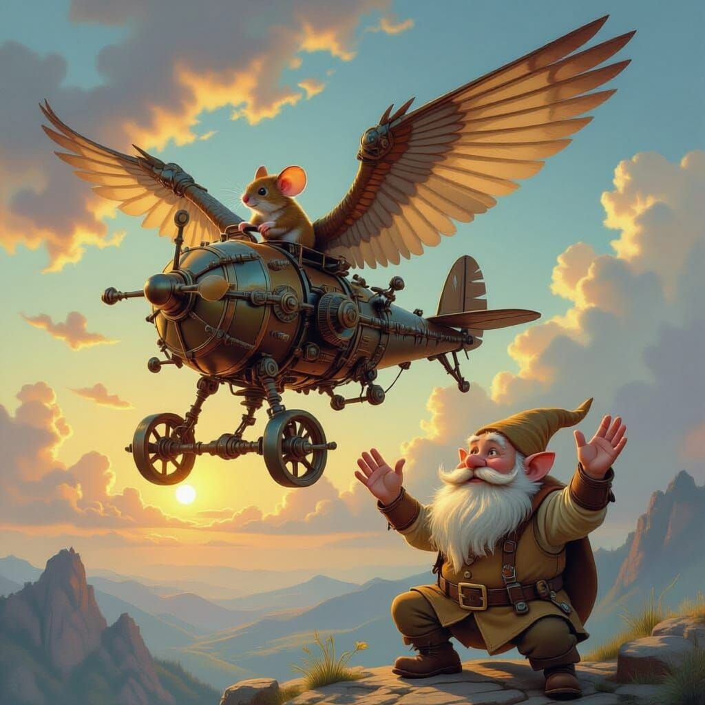Whimsical Dwarf Inventor Waves At Mechanical Flying Contrapt...