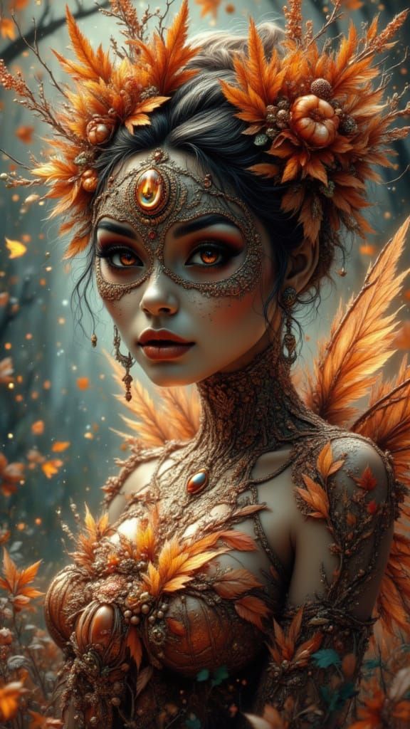 Autumn Nebula Goddess with Pumpkin and Translucent Wings