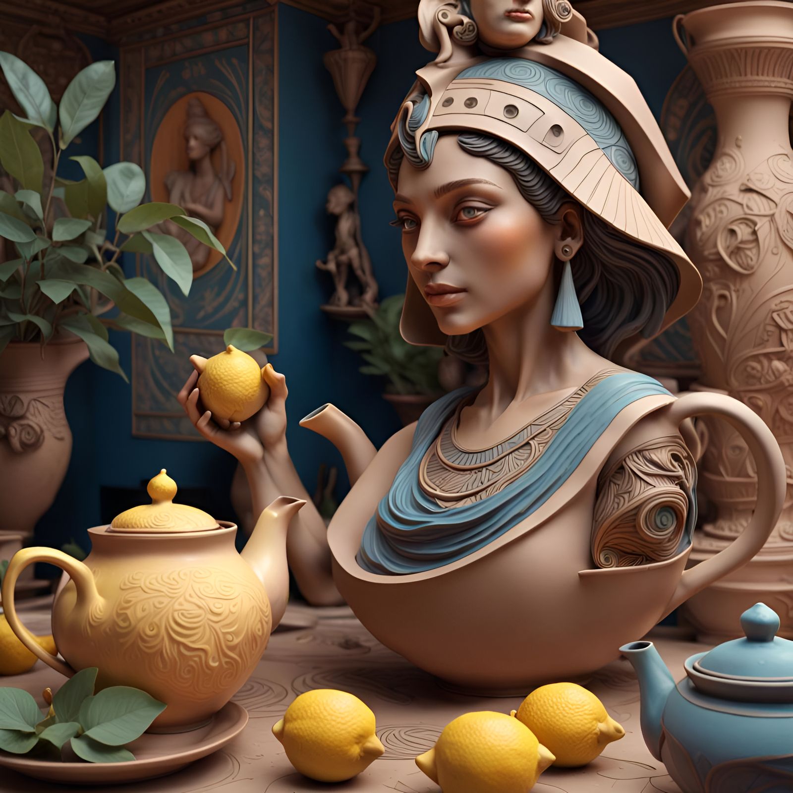 Egyptian Tea Sculpture: Whimsical Art Nouveau Portrait