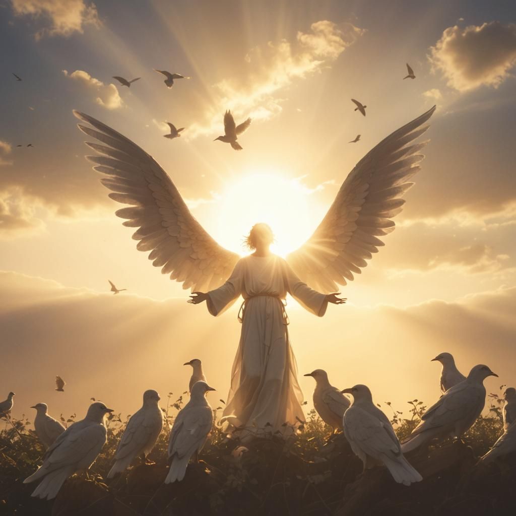 Angel in Sunlight Surrounded by Birds