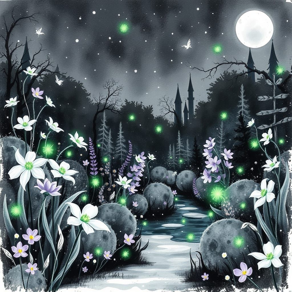 Magical Night Garden With Glowing Flowers And Bioluminescent...