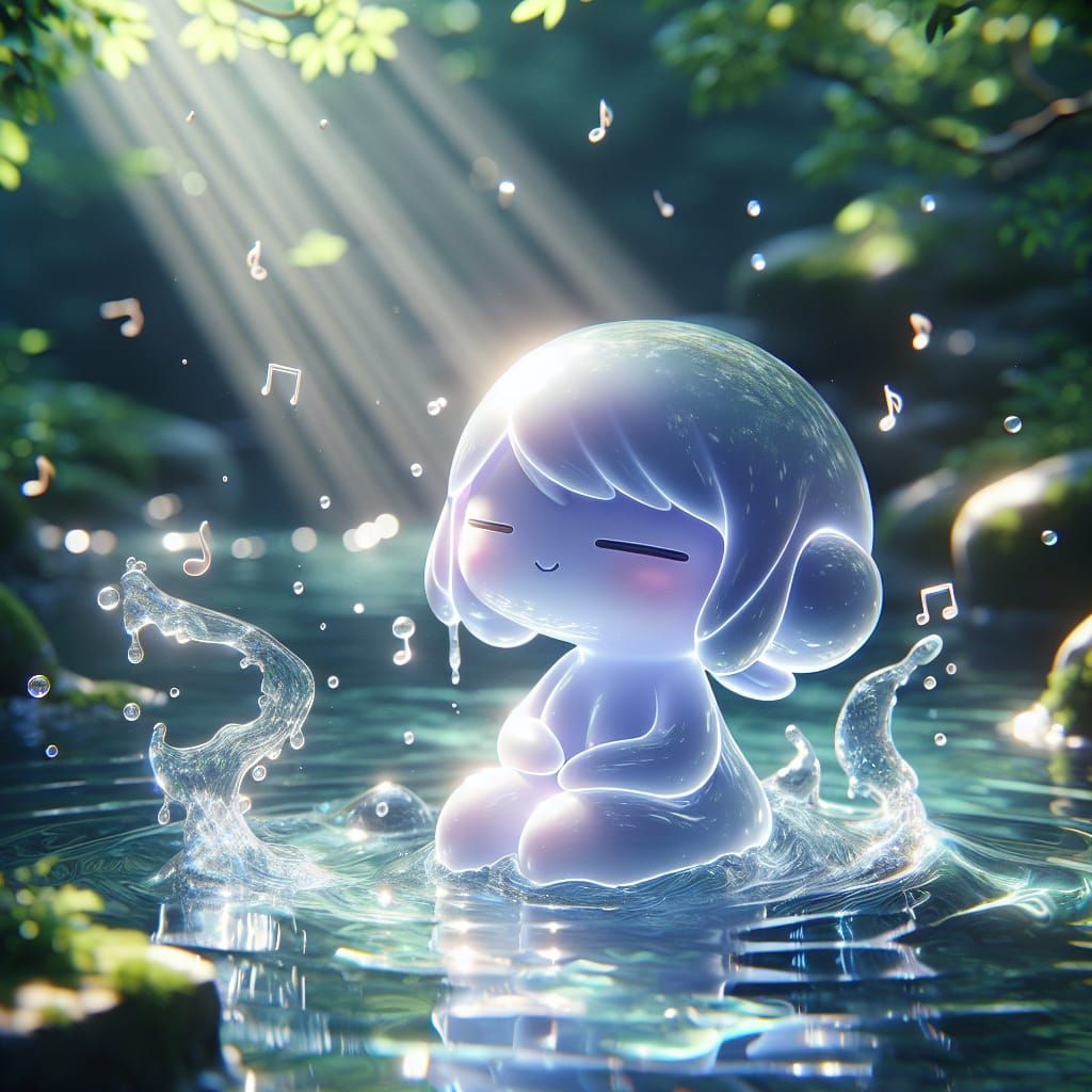 Anime Slime Girl Relaxing in Tranquil Pond Scene