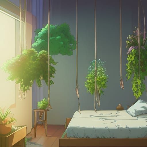 Magical Bedroom with Hanging Plants in Anime Style
