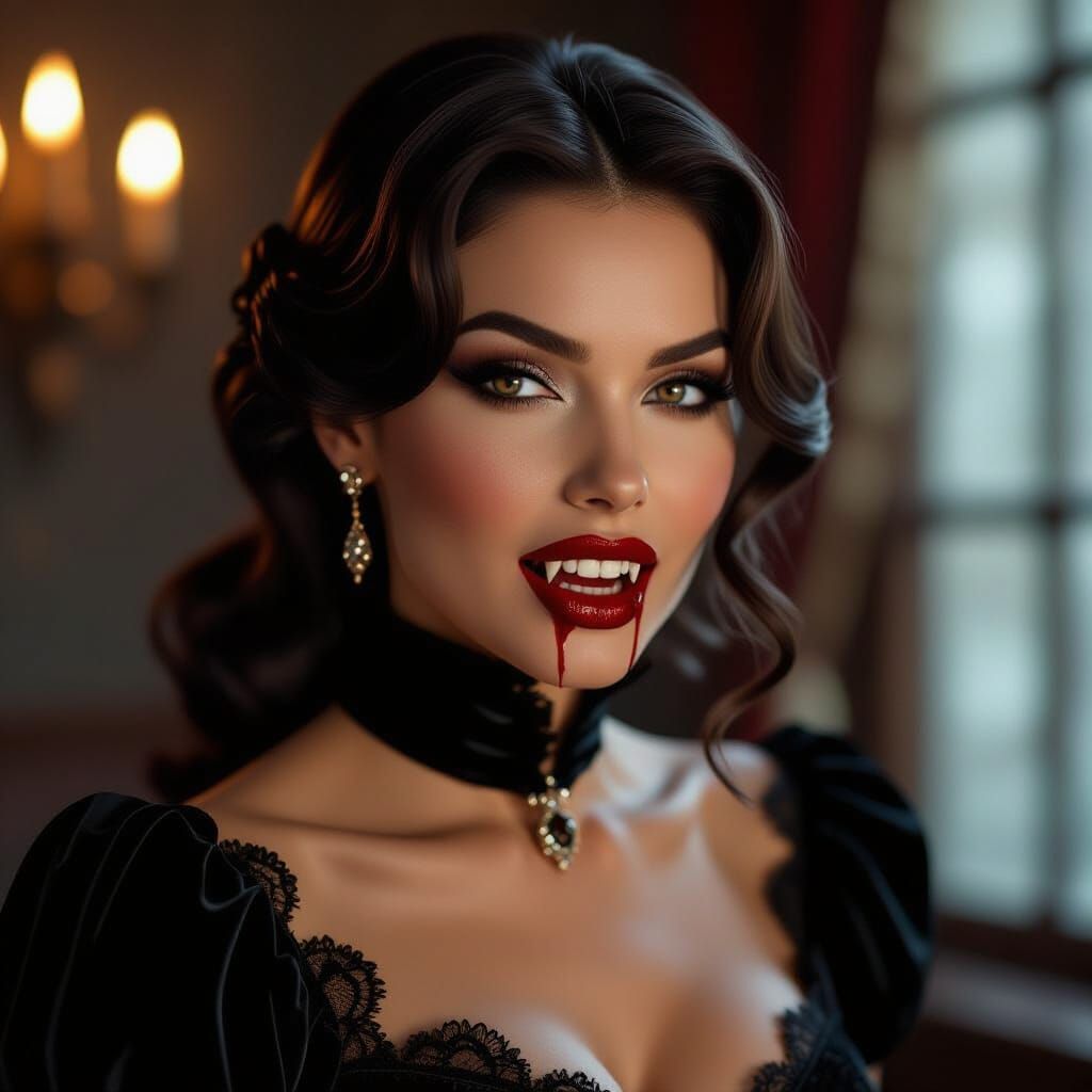 Brunette Vampiress Bares Fangs in Dramatic Close-Up