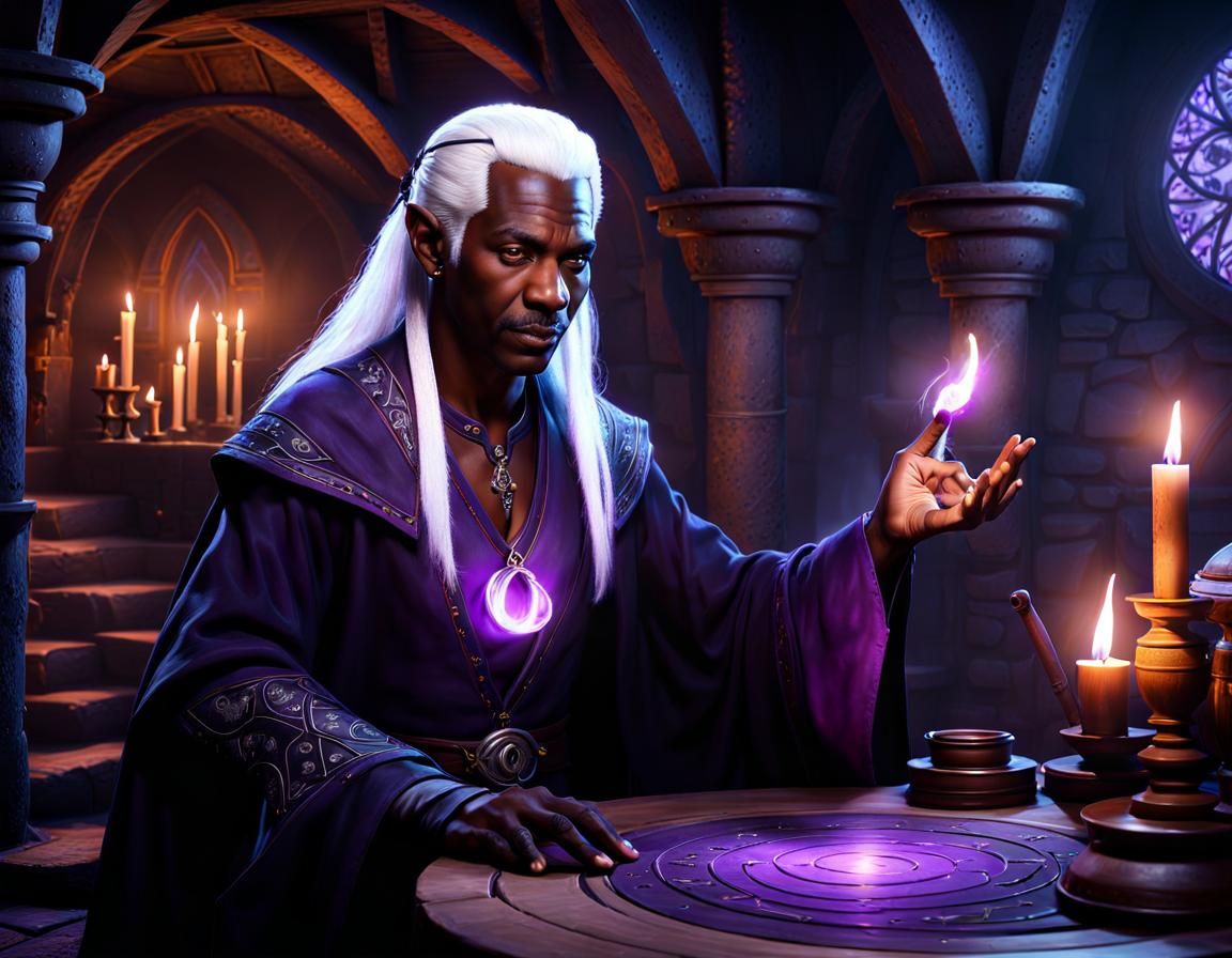 Drow Wizard Casting Spell in Underground Workshop