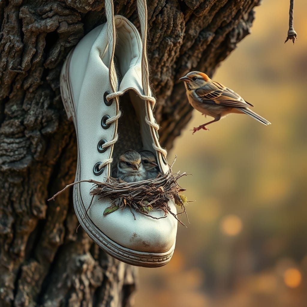 Sparrows Nest in Worn Shoe, Woodland Scene