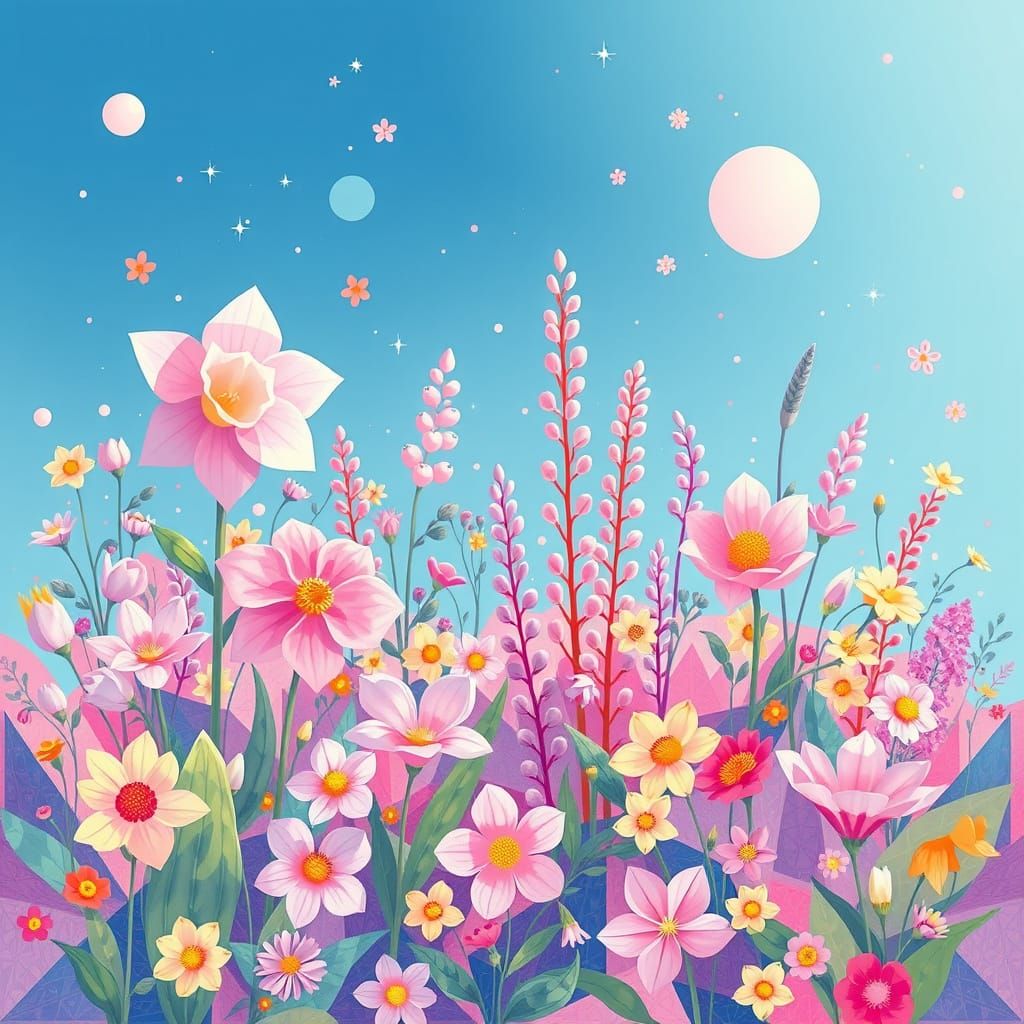 Bioluminescent Pastel Flowers in Geometric Spring Landscape