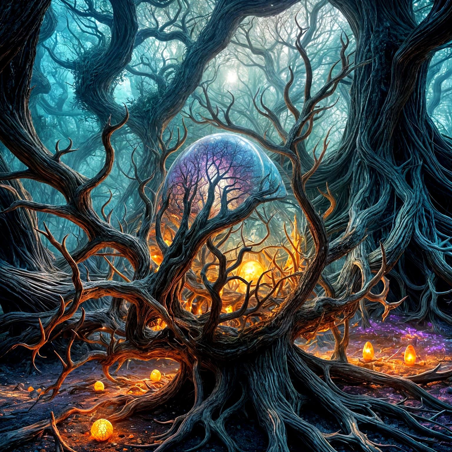 Surreal, Glowing Murex Egg Amidst Twisted Trees and Mountain