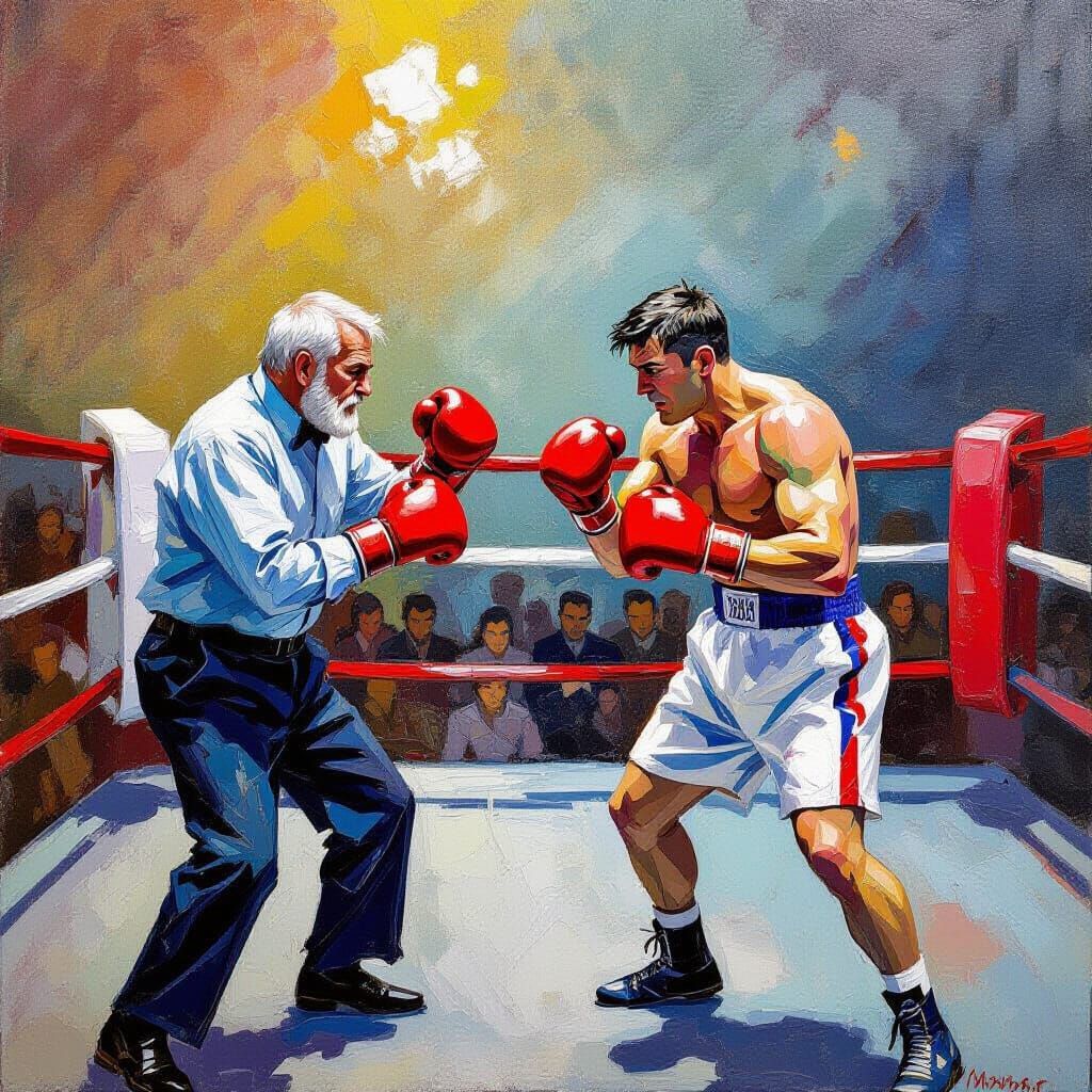 Elderly Boxers Clash in Textured Oil Painting