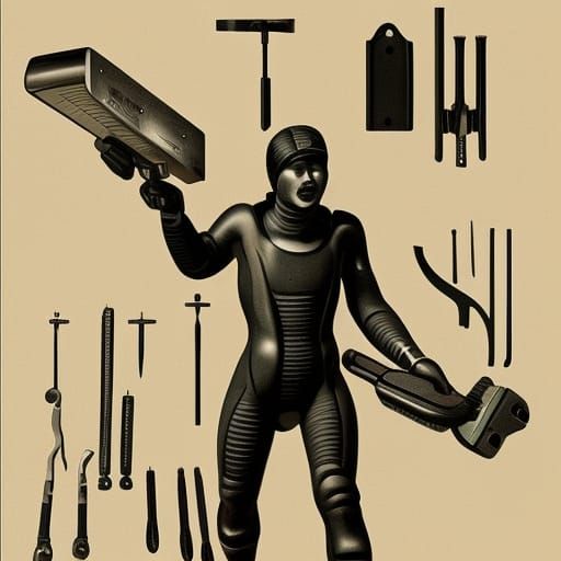 Futuristic Human Figure with Tools in Catalogue Style