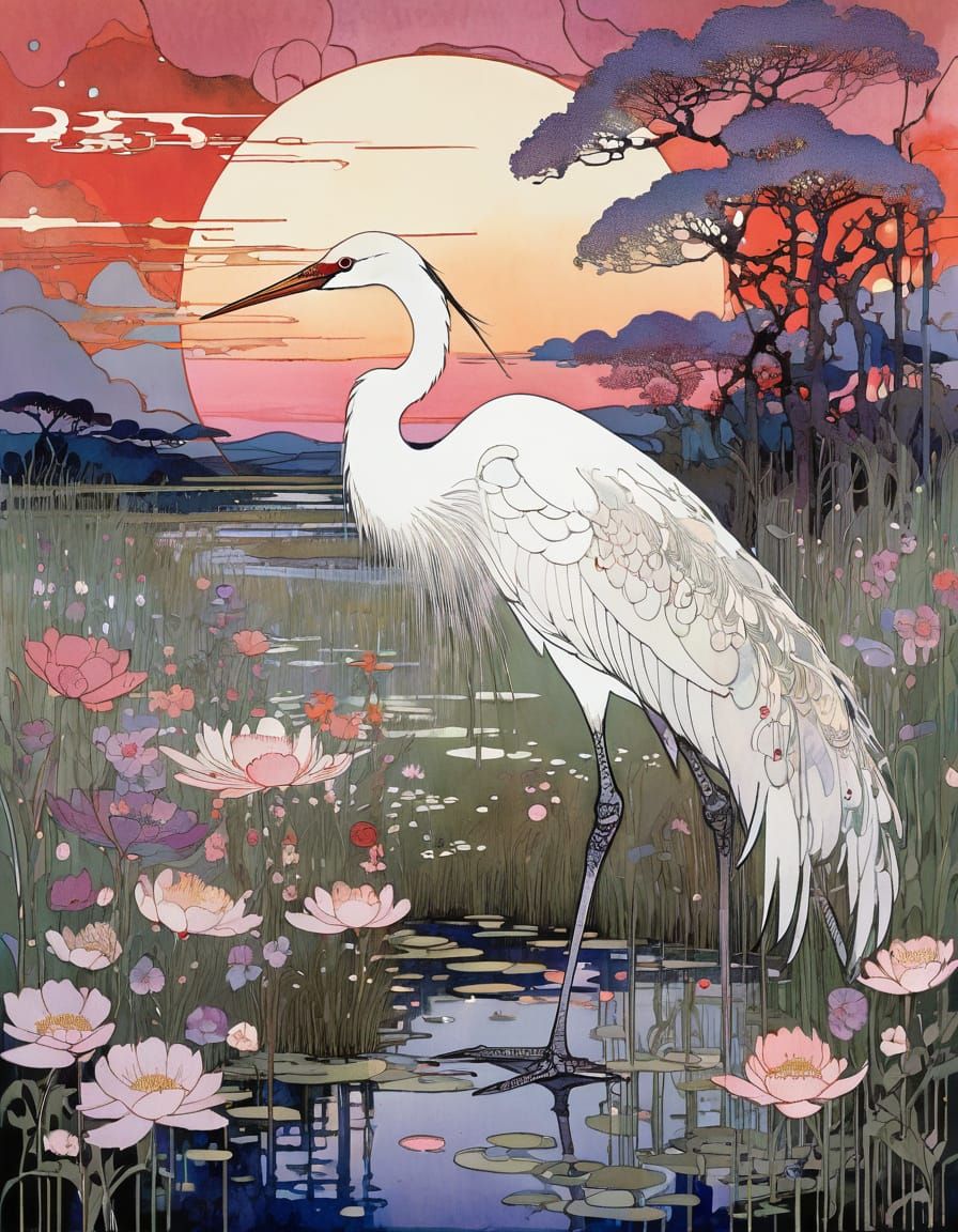 Ethereal White Crane in Vibrant Floral Landscape, Inspired b...