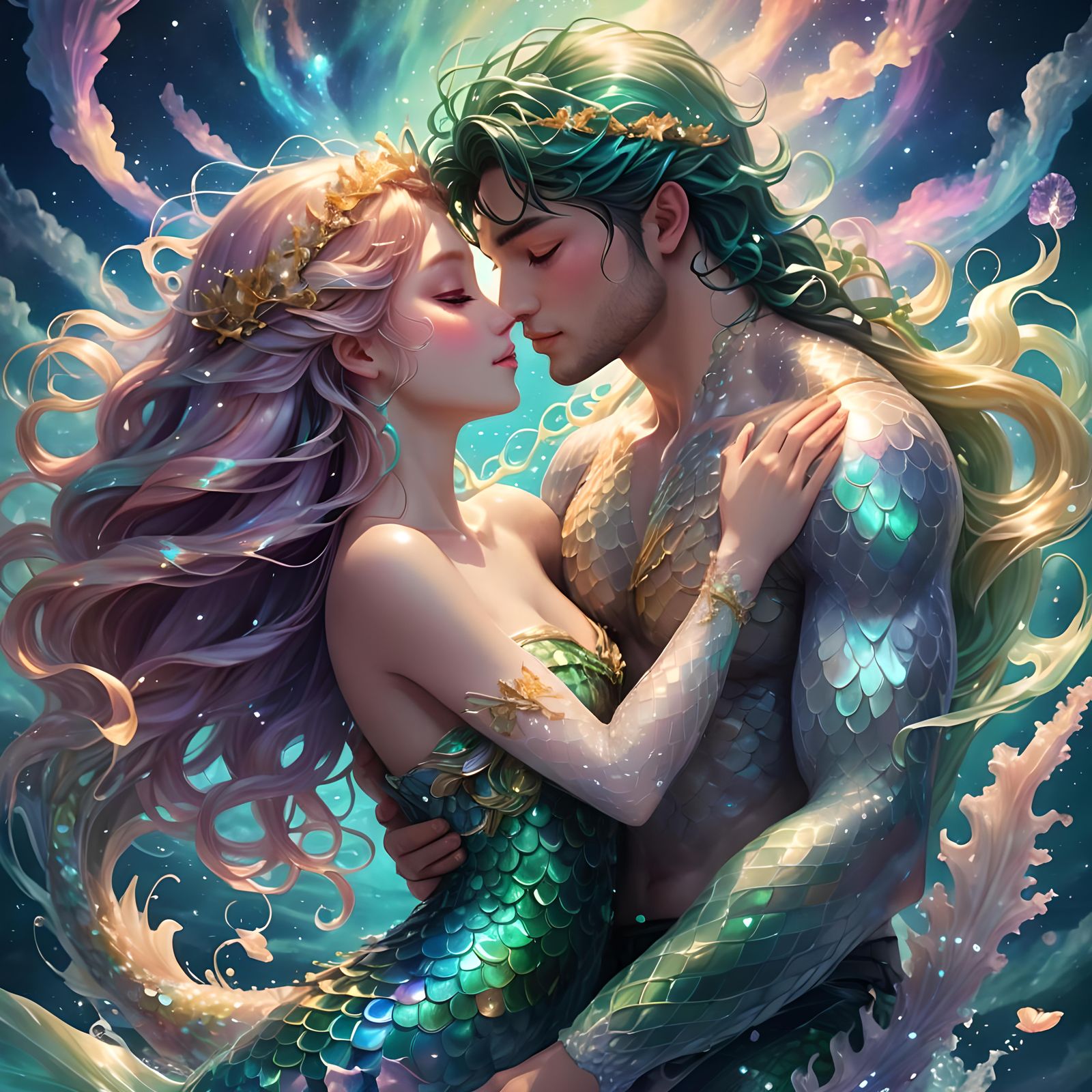 Celestial Mermaid and Merman Kissing: 3D Anime Art