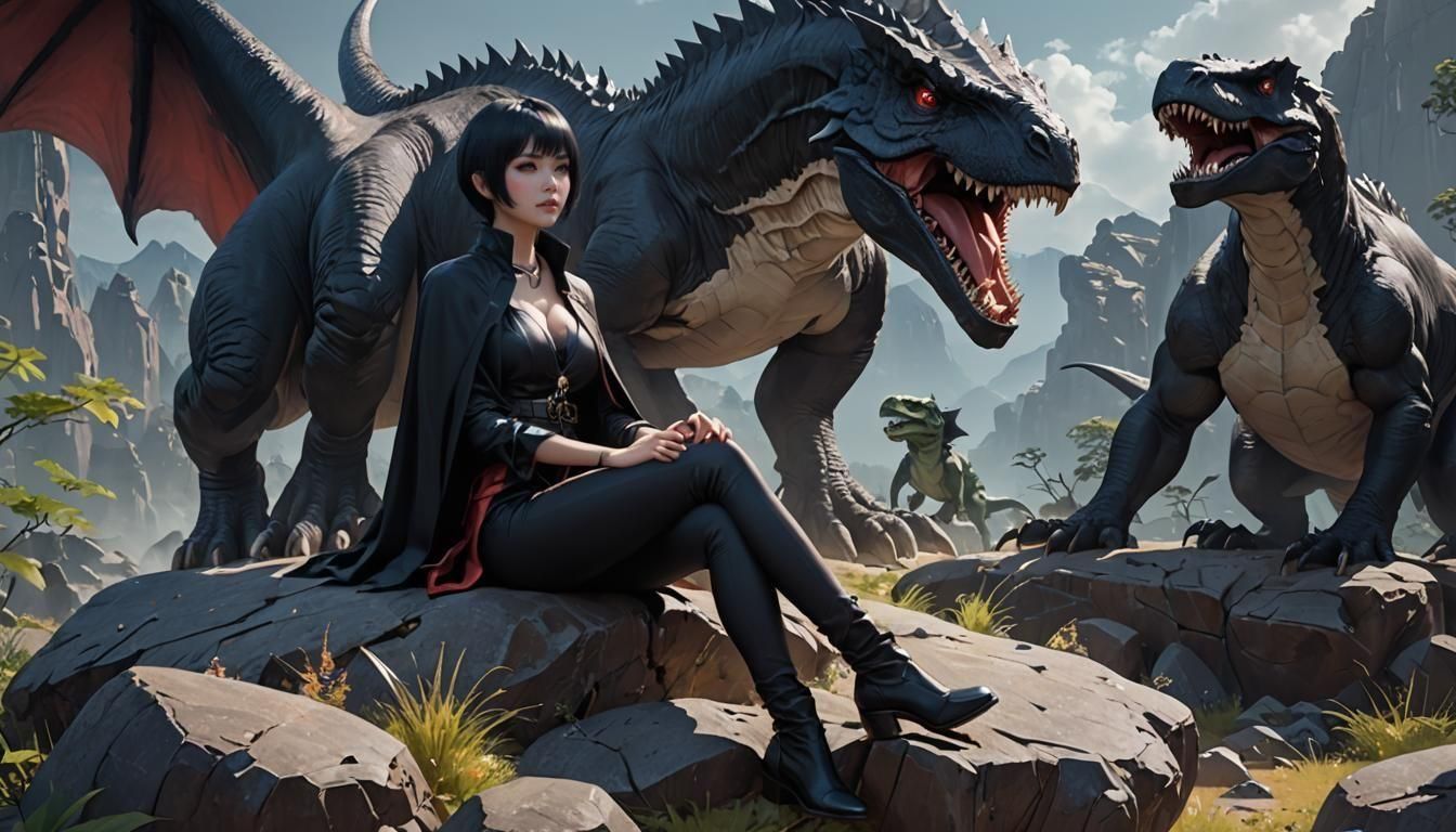 Vampire Woman and Dinosaurs with Portal: 3D Anime Art