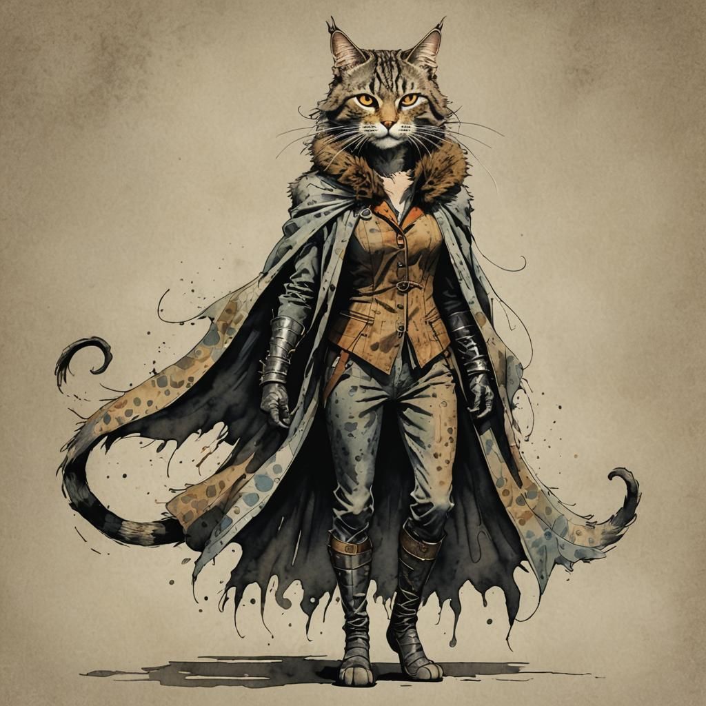 Surreal Cat-Woman Hybrid in Watercolor Illustration