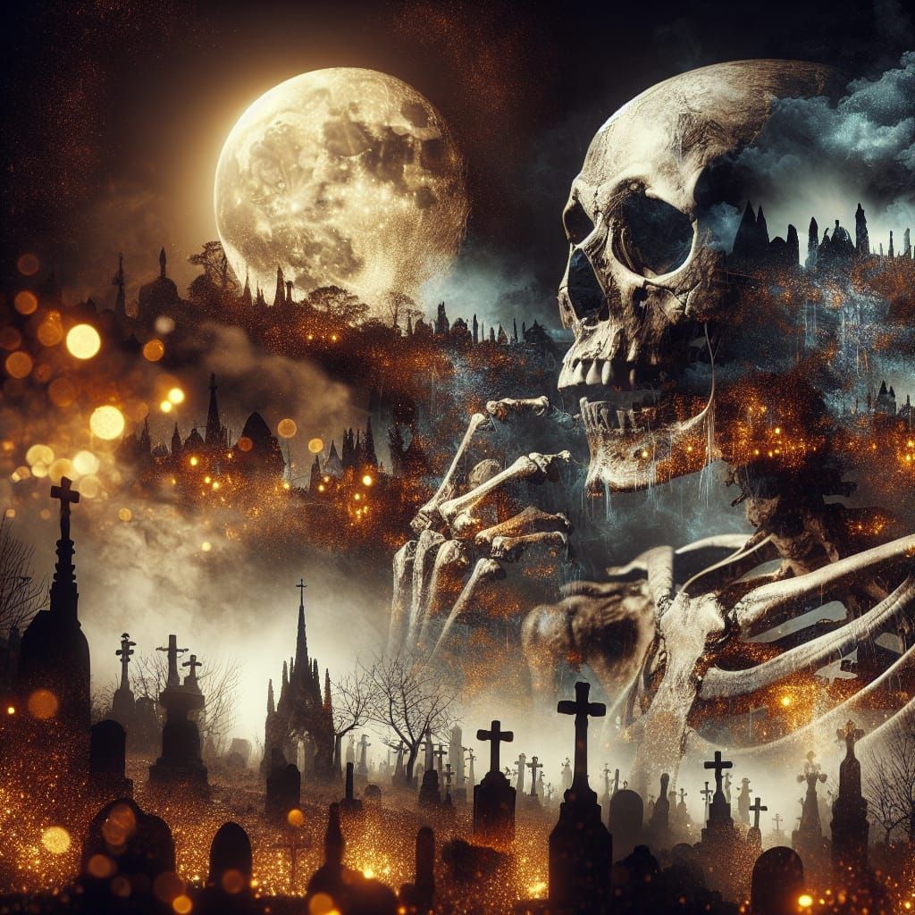 Terrifying Skeleton Double Exposure in Cemetery