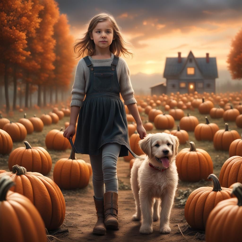 Girl and Puppy in Pumpkin Patch: Digital Painting