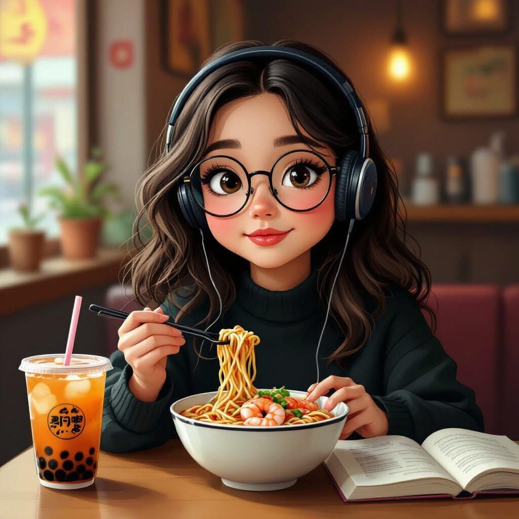 Girl Enjoying Noodles in Cozy Cafe, Illustrated