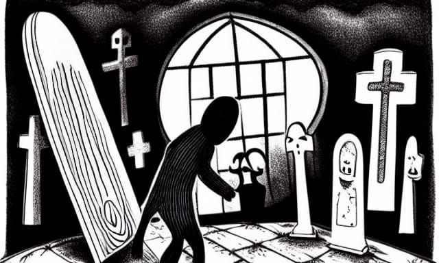 Gothic Coffin Scene in Edward Gorey Style