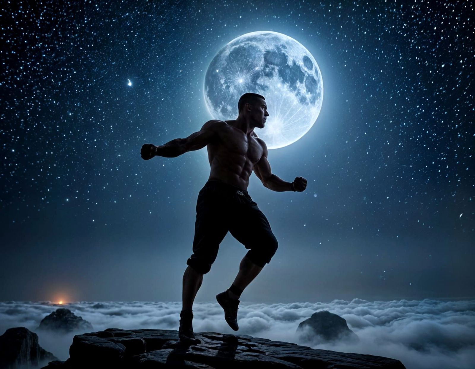 Silhouette Uppercut Under Crescent Moon in Dramatic Sky