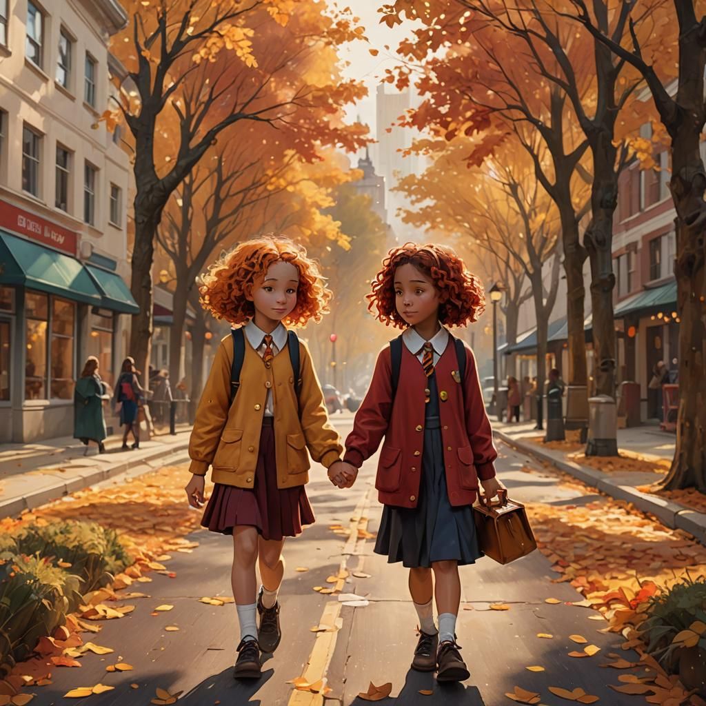 Schoolgirls in Autumn Fantasy Landscape