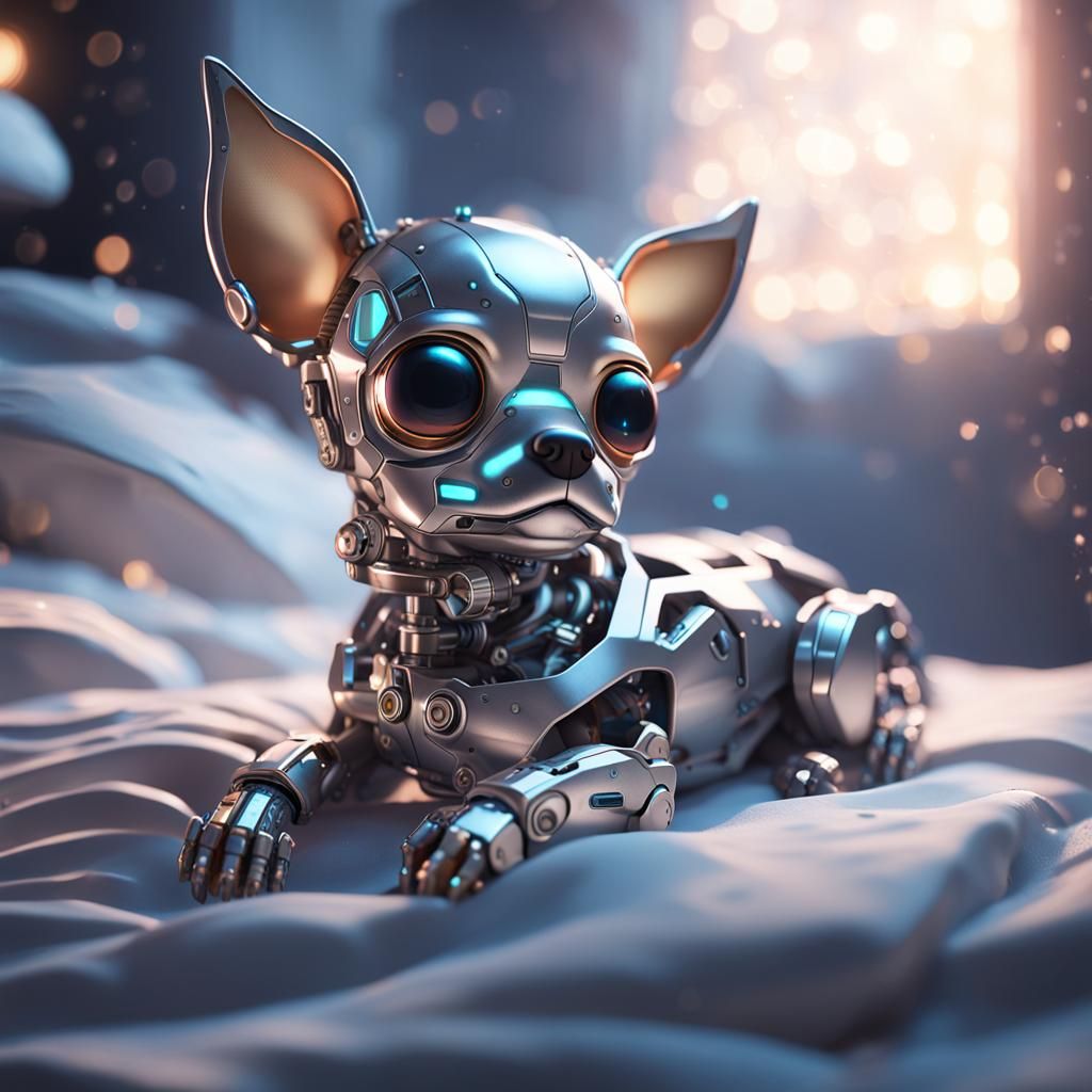 Cyborg Chihuahua Puppy Sleeping: Futuristic Sci-Fi Art